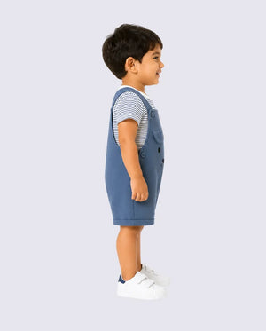 BloomUp Baby Sky Blue Bear Dungaree Romper Set with Striped T-Shirt