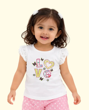 BloomUp White “Love” Graphic Sleeveless Kids T-Shirt – Soft Cotton Lace Shoulder Summer Wear for Girls
