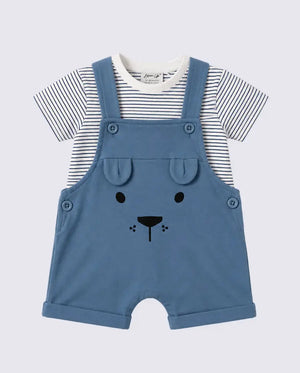 BloomUp Baby Sky Blue Bear Dungaree Romper Set with Striped T-Shirt