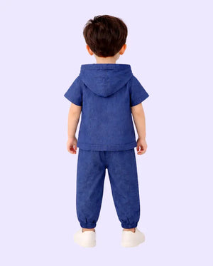 Bloomup Kids Denim Hoodie Set - Embroidered Button-Up Shirt and Elastic Waist Pants Bloom Up
