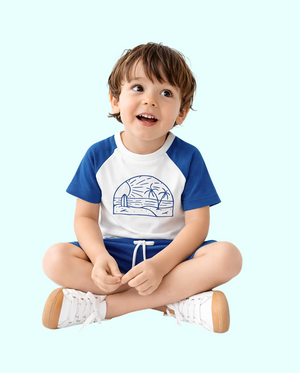 Blue Raglan Sleeve Kids Co-ord Set – Soft Cotton T-Shirt & Shorts Summer Wear for Boys BloomUp