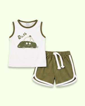 Olive Green Car Print Sleeveless Kids Co-ord Set – Soft Cotton Summer Wear for Boys BloomUp