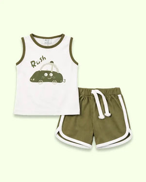 BloomUp Olive Green Car Print Sleeveless Kids Co-ord Set – Soft Cotton Summer Wear for Boys