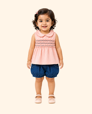 Peach Smocked Top & Denim Shorts Kids Co-ord Set – Soft Cotton Summer Outfit for Girls BloomUp
