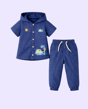 Bloomup Kids Denim Hoodie Set - Embroidered Button-Up Shirt and Elastic Waist Pants Bloom Up