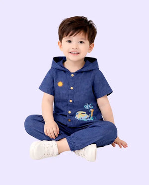 Bloomup Kids Denim Hoodie Set - Embroidered Button-Up Shirt and Elastic Waist Pants Bloom Up