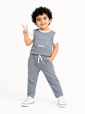 BloomUp Teddy Island Ribbed T-Shirt & Jogger Set for Boys – Soft Cotton Summer Co-ord Set