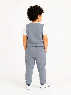 BloomUp Teddy Island Ribbed T-Shirt & Jogger Set for Boys – Soft Cotton Summer Co-ord Set