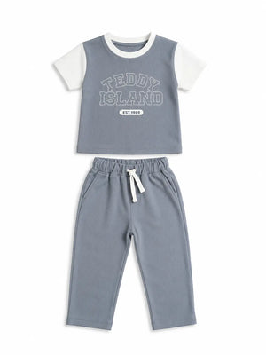 BloomUp Teddy Island Ribbed T-Shirt & Jogger Set for Boys – Soft Cotton Summer Co-ord Set