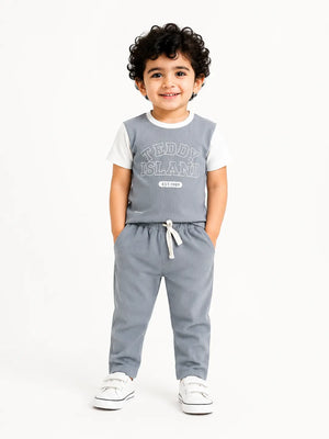 BloomUp Teddy Island Ribbed T-Shirt & Jogger Set for Boys – Soft Cotton Summer Co-ord Set