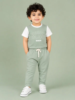 BloomUp Teddy Island Ribbed T-Shirt & Jogger Set for Boys – Soft Cotton Co-ord Set