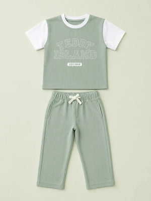 BloomUp Teddy Island Ribbed T-Shirt & Jogger Set for Boys – Soft Cotton Co-ord Set