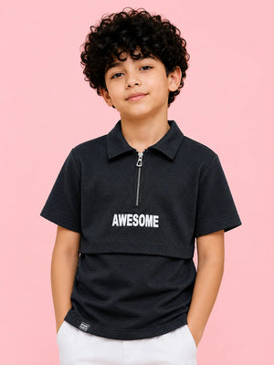 BloomUp Boys Black Half Zip Polo T-Shirt – Textured Casual Collar Tee