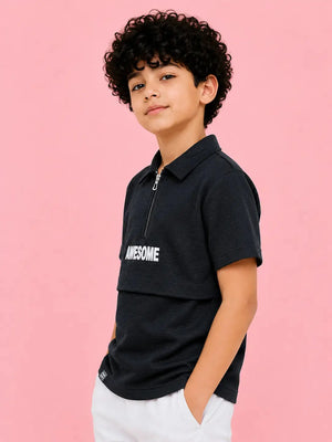 BloomUp Boys Black Half Zip Polo T-Shirt – Textured Casual Collar Tee