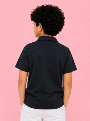 BloomUp Boys Black Half Zip Polo T-Shirt – Textured Casual Collar Tee