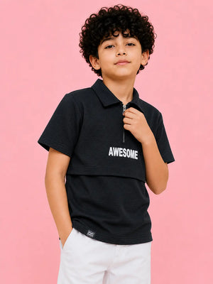 BloomUp Boys Black Half Zip Polo T-Shirt – Textured Casual Collar Tee