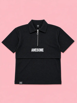 BloomUp Boys Black Half Zip Polo T-Shirt – Textured Casual Collar Tee