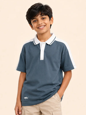 BloomUp Boys Blue Grey Polo T-Shirt – Casual Half Sleeve Collar Tee