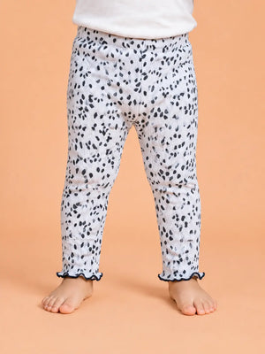 BloomUp White Black Spot Print Ribbed Leggings for Girls – Soft Stretch Cotton Daily Wear Kids Pants