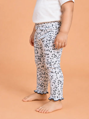 BloomUp White Black Spot Print Ribbed Leggings for Girls – Soft Stretch Cotton Daily Wear Kids Pants
