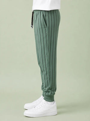 BloomUp Sage Green Pinstripe Jogger Pants for Boys – Soft Cotton Elastic Waist Casual Track Pants