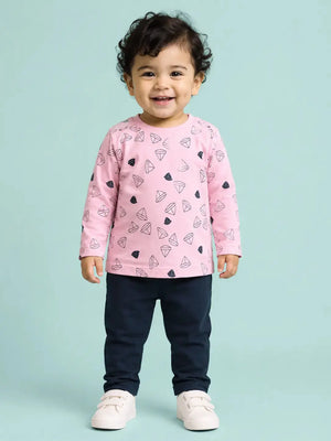 BloomUp Pink Sailboat Print T-Shirt & Navy Blue Leggings Co-ord Set for Girls – Soft Cotton Casual Outfit