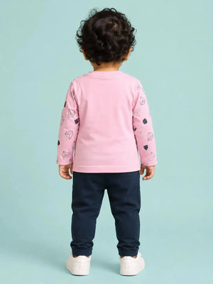 BloomUp Pink Sailboat Print T-Shirt & Navy Blue Leggings Co-ord Set for Girls – Soft Cotton Casual Outfit