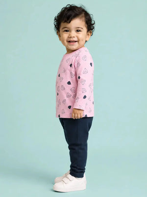 BloomUp Pink Sailboat Print T-Shirt & Navy Blue Leggings Co-ord Set for Girls – Soft Cotton Casual Outfit