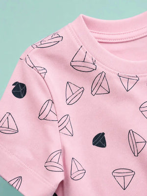 BloomUp Pink Sailboat Print T-Shirt & Navy Blue Leggings Co-ord Set for Girls – Soft Cotton Casual Outfit