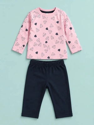 BloomUp Pink Sailboat Print T-Shirt & Navy Blue Leggings Co-ord Set for Girls – Soft Cotton Casual Outfit