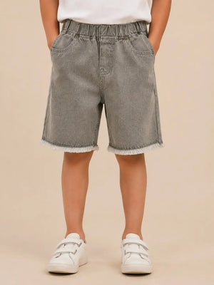 BloomUp Grey Washed Denim Shorts for Girls – Elastic Waist Frayed Hem Casual Shorts