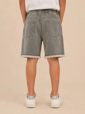BloomUp Grey Washed Denim Shorts for Girls – Elastic Waist Frayed Hem Casual Shorts