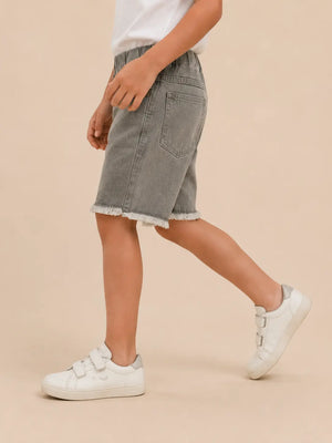 BloomUp Grey Washed Denim Shorts for Girls – Elastic Waist Frayed Hem Casual Shorts