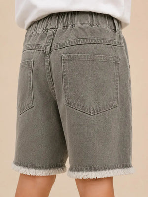 BloomUp Grey Washed Denim Shorts for Girls – Elastic Waist Frayed Hem Casual Shorts
