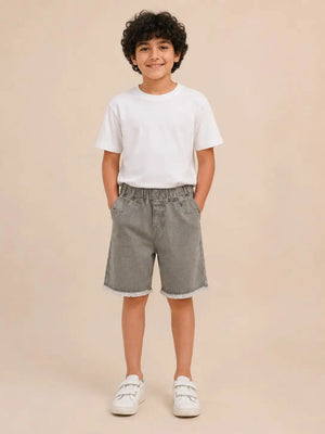 BloomUp Grey Washed Denim Shorts for Girls – Elastic Waist Frayed Hem Casual Shorts