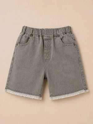 BloomUp Grey Washed Denim Shorts for Girls – Elastic Waist Frayed Hem Casual Shorts