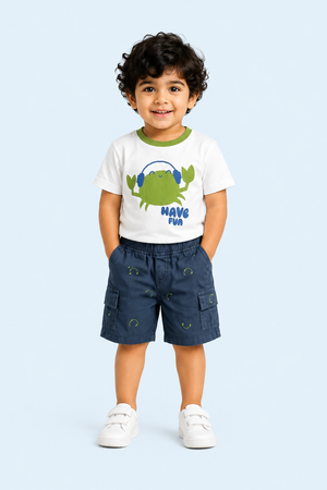 White Have Fun Green Crab Graphic T-Shirt & Navy Shorts Set for Toddlers – Soft Cotton Summer Wear BloomUp