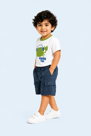 White Have Fun Green Crab Graphic T-Shirt & Navy Shorts Set for Toddlers – Soft Cotton Summer Wear BloomUp