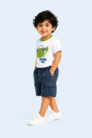BloomUp White Have Fun Green Crab Graphic T-Shirt & Navy Shorts Set for Toddlers – Soft Cotton Summer Wear