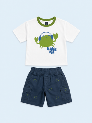 White Have Fun Green Crab Graphic T-Shirt & Navy Shorts Set for Toddlers – Soft Cotton Summer Wear BloomUp