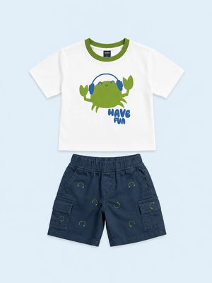 BloomUp White Have Fun Green Crab Graphic T-Shirt & Navy Shorts Set for Toddlers – Soft Cotton Summer Wear