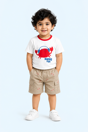 White Have Fun Crab Graphic T-Shirt & Beige Shorts Set for Toddlers – Soft Cotton Summer Wear BloomUp