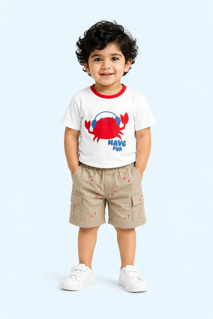 BloomUp White Have Fun Crab Graphic T-Shirt & Beige Shorts Set for Toddlers – Soft Cotton Summer Wear