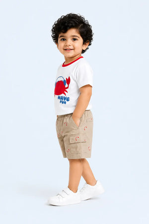 BloomUp White Have Fun Crab Graphic T-Shirt & Beige Shorts Set for Toddlers – Soft Cotton Summer Wear