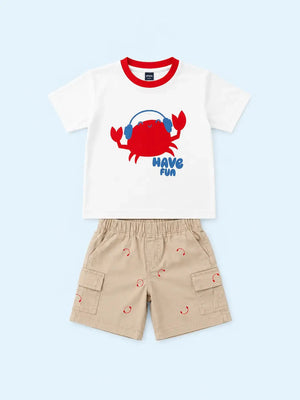 BloomUp White Have Fun Crab Graphic T-Shirt & Beige Shorts Set for Toddlers – Soft Cotton Summer Wear