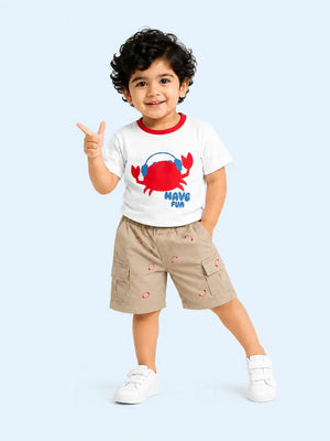 BloomUp White Have Fun Crab Graphic T-Shirt & Beige Shorts Set for Toddlers – Soft Cotton Summer Wear