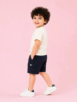 BloomUp Baby Boys Cream T-Shirt & Navy Cargo Shorts Set – Casual Summer Outfit