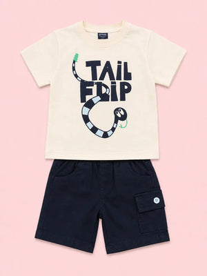 BloomUp Baby Boys Cream T-Shirt & Navy Cargo Shorts Set – Casual Summer Outfit