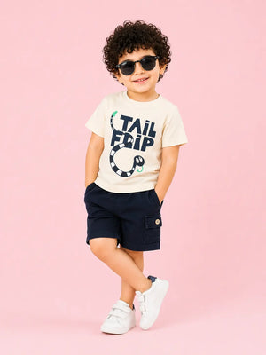 BloomUp Baby Boys Cream T-Shirt & Navy Cargo Shorts Set – Casual Summer Outfit