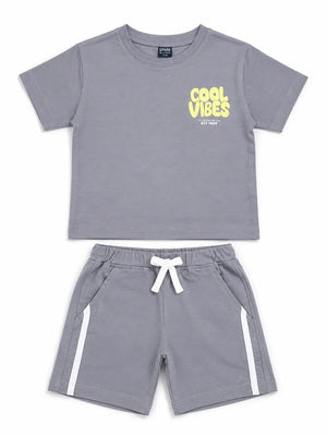 BloomUp Baby Boys Cement Grey Co-Ord Set – Printed T-Shirt & Shorts Summer Outfit